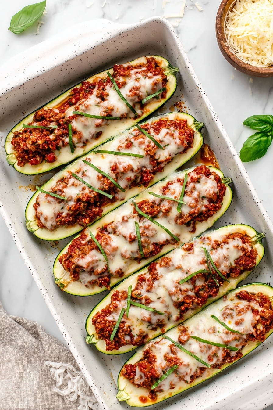 The image shows six zucchini boats in a white speckled baking dish on a white marbled surface. Each zucchini is halved lengthwise and hollowed out to make a boat shape. The base layer inside the zucchini is green and smooth from the zucchini flesh. On top of the zucchini base, there is a thick layer of chunky red meat sauce, rich in texture with visible bits of cooked ground meat and tomato sauce, giving it a deep orange-red color. The meat sauce is topped generously with melted white mozzarella cheese that covers most of the sauce but allows some red to show through. Bright green basil leaves are thinly sliced and sprinkled evenly on top of the cheese, adding a fresh color contrast. The edges of the zucchini peel remain dark green and intact, defining each boat. The photo taken with an iphone --ar 2:3 --v 7