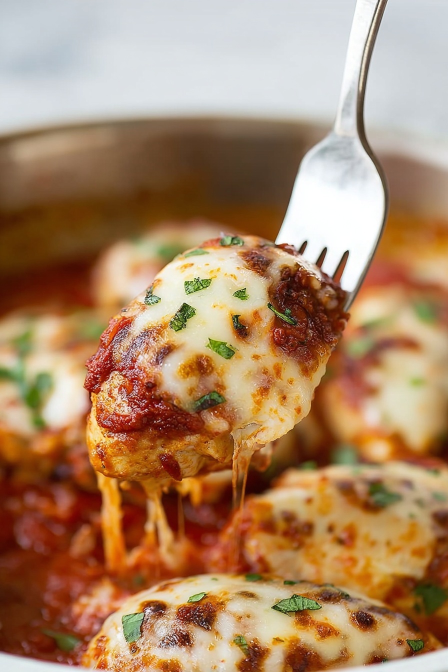 A close-up of a fork holding a piece of food with melted, browned cheese on top, sprinkled with small green herbs. The food item appears to have a layer of red sauce underneath the cheese. In the background, a white marbled pan or dish contains more pieces of the same food, also covered with melted cheese and herbs, sitting in a bed of red sauce. The melting cheese has bubbly, browned spots and a smooth, slightly textured surface. photo taken with an iphone --ar 2:3 --v 7