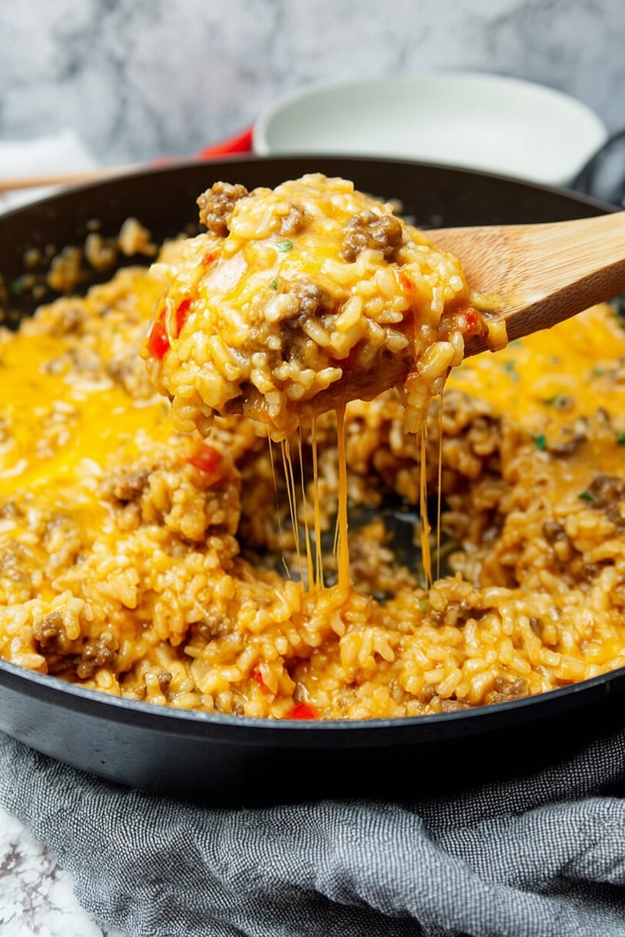 A close-up of a black pan filled with a creamy, cheesy rice dish that has visible bits of browned meat and small red pieces mixed evenly. The rice is yellow-orange in color, melted cheese strings stretch from the scoop lifted by a wooden spoon, showing the thick and cheesy texture. The background surface is a white marbled texture with a part of a white plate at the bottom right corner and a gray cloth beneath the pan. Photo taken with an iphone --ar 2:3 --v 7