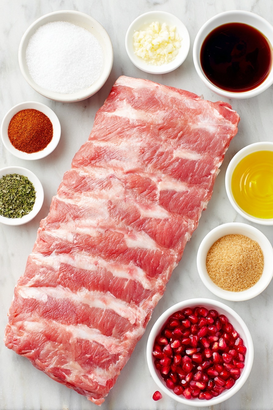 Flat lay of a slab of raw St. Louis style pork spare ribs with visible marbling, a small white ceramic bowl filled with coarse kosher salt, another with ground white pepper, a small white bowl containing garlic powder, a white bowl with onion powder, a white bowl holding smoked paprika, a small heap of dried parsley on a white ceramic plate, a white bowl with dark Worcestershire sauce, a white bowl filled with deep red pomegranate juice, a small white bowl with brown sugar crystals, balsamic glaze drizzled artistically on a simple white plate, and a scattering of fresh ruby red pomegranate arils, all arranged symmetrically on a clean white marble surface, soft natural light, photo taken with an iPhone, professional food photography style, fresh ingredients, white ceramic bowls, no bottles, no duplicates, no utensils, no packaging --ar 2:3 --v 7 --p m7354615311229779997