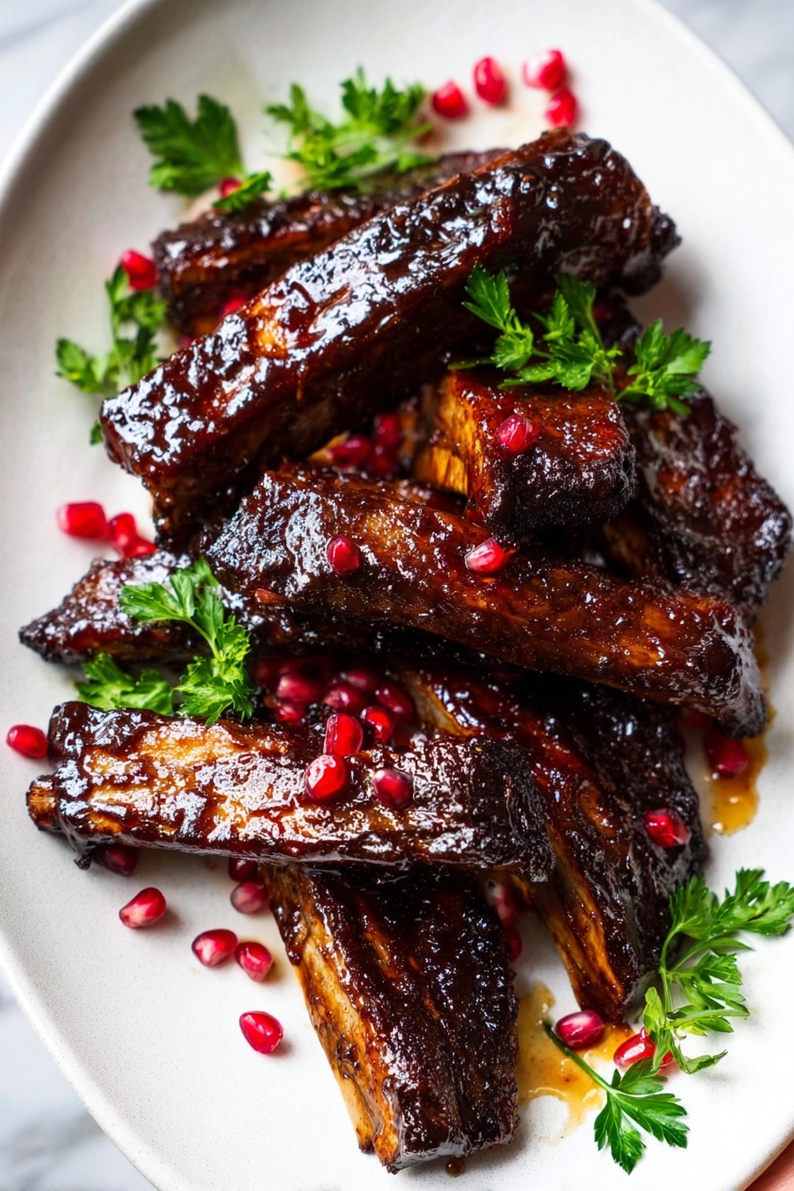 The image shows a white oval plate on a white marbled surface, holding seven dark brown ribs stacked in a loose pile. The ribs have a shiny, sticky glaze that looks rich and glossy. Scattered vibrant red pomegranate seeds are spread over the ribs and the plate, adding brightness and color contrast. There are fresh green parsley sprigs placed around the ribs, adding a touch of green to the presentation. Sauce drips lightly on the plate around the ribs, enhancing the juicy look. A woman's hand holds the plate from the left side. photo taken with an iphone --ar 2:3 --v 7