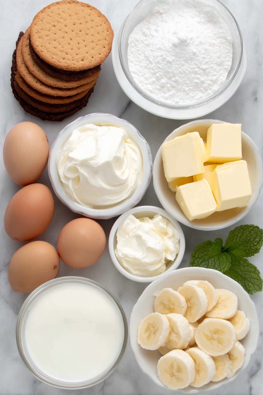 Flat lay of fresh whole milk in a small white ceramic bowl, heavy cream in a small white ceramic bowl, a few cubes of salted butter, a small white ceramic bowl of caster sugar, a small white ceramic bowl with cornstarch, five whole uncracked brown eggs, a small white ceramic bowl of sweetened condensed milk, a few dollops of smooth full-fat cream cheese, a small white ceramic bowl of vanilla bean paste, a small white ceramic bowl of banana cream extract, a stack of round golden Nilla wafers, four medium bananas sliced into thin coins, fresh bright green mint leaves scattered nearby, all arranged in perfect symmetry on a clean white marble surface, soft natural light, photo taken with an iPhone, professional food photography style, fresh ingredients, white ceramic bowls, no bottles, no duplicates, no utensils, no packaging --ar 2:3 --v 7 --p m7354615311229779997