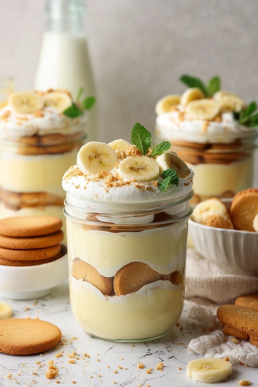 The image shows a clear glass jar filled with a layered dessert. The bottom layer is creamy and light yellow, followed by a layer of round, light brown cookies. Above the cookies is a thick white cream layer, topped again by a creamy light yellow layer. Another layer of cookies sits above, covered by a final thick white cream layer that is spread over the top. The top is decorated with banana slices, small green mint leaves, and crushed cookie pieces. In the background, there are similar glass jars with the same dessert, a glass bottle with milk, a bowl of cookies, and a white marbled surface underneath everything. photo taken with an iphone --ar 2:3 --v 7