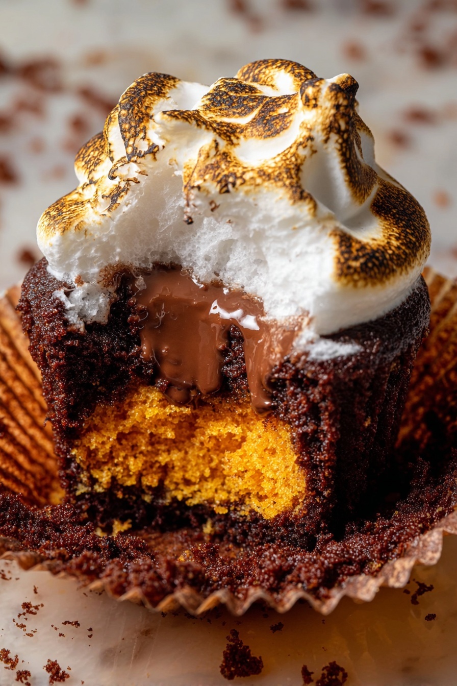 The image shows a cupcake with three clear layers: the bottom layer is a bright orange crumbly crust, the middle layer is a dark, moist chocolate cake with a soft texture, and the top layer is a thick drizzle of melted milk chocolate inside the cake center. On top of the cupcake is a layer of light, fluffy white marshmallow cream that is toasted to a golden brown in spots, giving it a slightly rough texture. The cupcake liner is brown and the cupcake sits on a white marbled surface with crumbs scattered around. Photo taken with an iphone --ar 2:3 --v 7