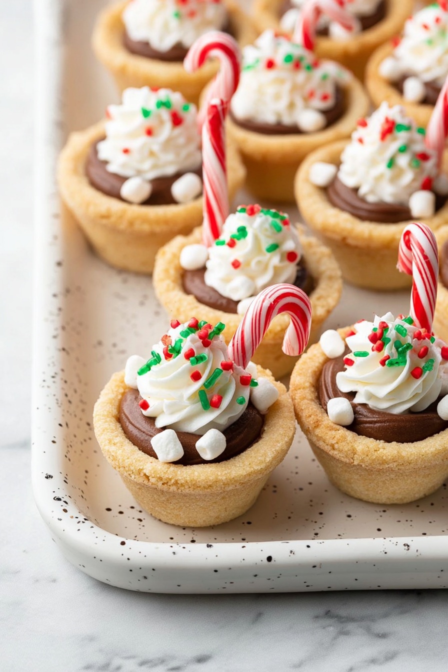A tray holds many small cookie cups with three layers each: a golden-brown cookie cup base with a smooth chocolate filling in the center, a swirl of white cream on top, and a small striped candy cane sticking out from the side of each cup. The cream is decorated with small red and green round sprinkles and tiny white marshmallows. The tray is white with black speckles and rests on a white marbled surface. photo taken with an iphone --ar 2:3 --v 7