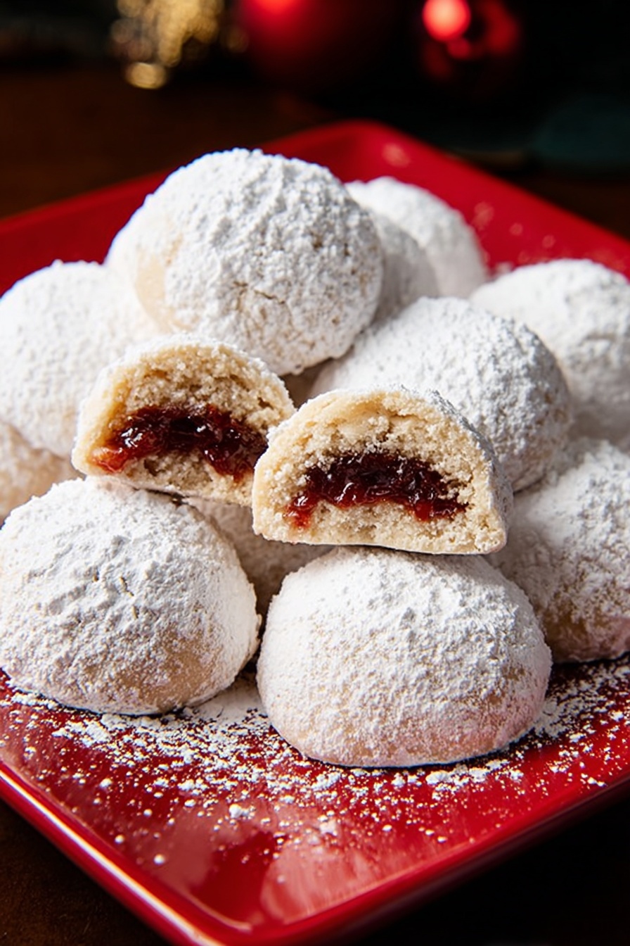 A red square plate filled with round cookies covered in a thick layer of white powdered sugar; one cookie is split in half on top, showing a dark red jam filling inside the light beige dough; the powdered sugar appears soft and powdery, lightly dusting the plate around the cookies; the background is dark, making the cookies and plate stand out. photo taken with an iphone --ar 2:3 --v 7