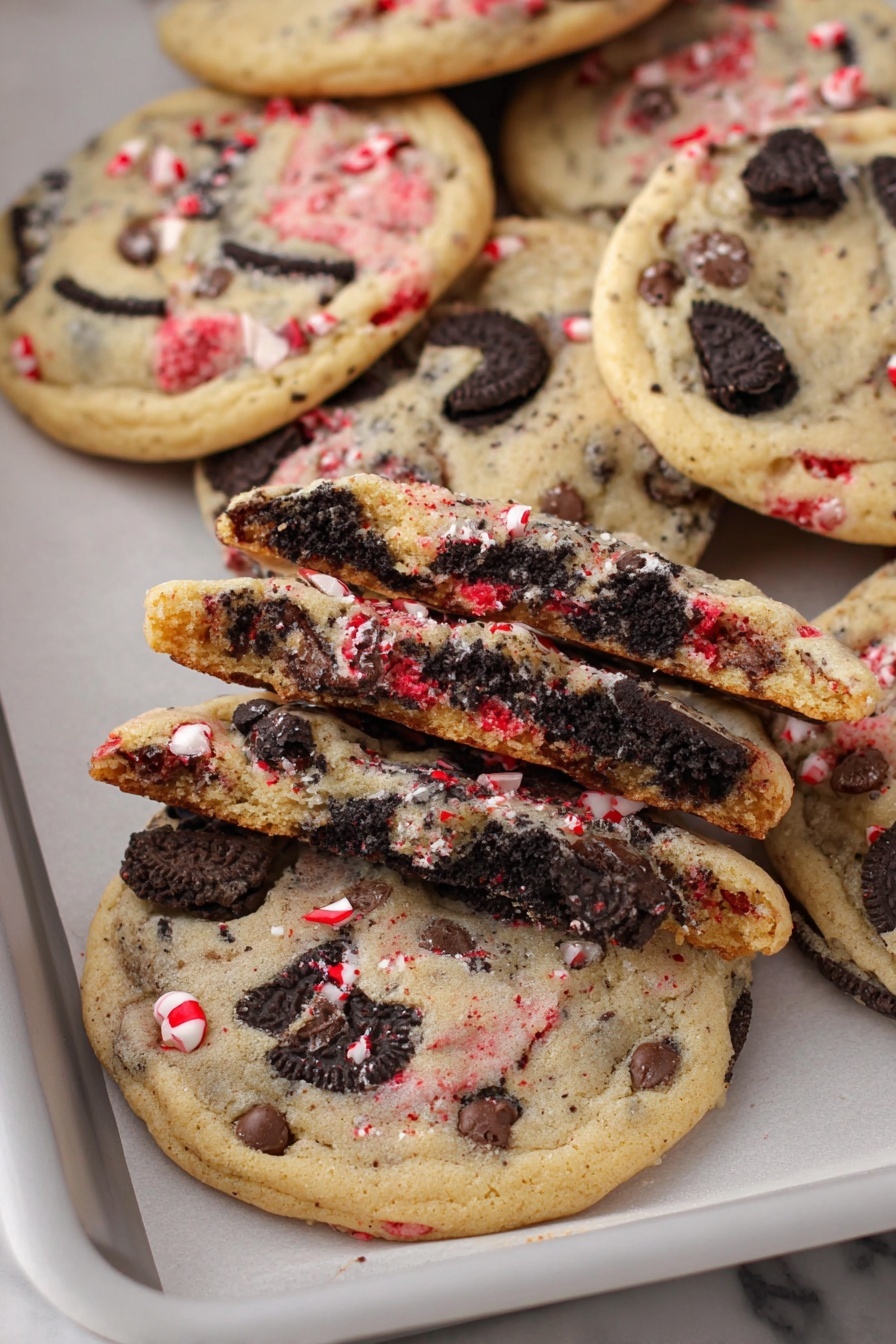 The image shows a white baking tray lined with parchment paper holding several round cookies that have a light beige base. Each cookie is filled with dark chocolate chips, black Oreo pieces, and small red and white peppermint candy bits that add vibrant color spots throughout. One cookie is cut in half and stacked on top of another, showing a soft, slightly crumbly texture with layered chocolate chips and candy bits inside. The cookies have a warm, inviting look with a mix of smooth chocolate, crunchy cookie pieces, and tiny bright red and white candy fragments, all placed on a white marbled surface. photo taken with an iphone --ar 2:3 --v 7