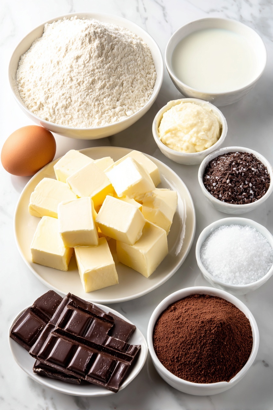 Flat lay of a small mound of fine bread flour, a small white bowl of clear water, a small white bowl of heavy cream, a small white bowl of whole milk, a smooth large brown egg with uncracked shell, a few small sprigs of vanilla bean pods beside a tiny white bowl of pale vanilla paste, a small white bowl holding softened unsalted butter chunks, a small white bowl of light brown sugar, a small white bowl filled with smooth chocolate hazelnut spread, a small white bowl of dark cocoa powder, and a tiny pile of fine sea salt crystals, all arranged with perfect symmetry on a clean white ceramic plate and white ceramic bowls, placed on a clean white marble surface, soft natural light, photo taken with an iPhone, professional food photography style, fresh ingredients, white ceramic bowls, no bottles, no duplicates, no utensils, no packaging --ar 2:3 --v 7 --p m7354615311229779997