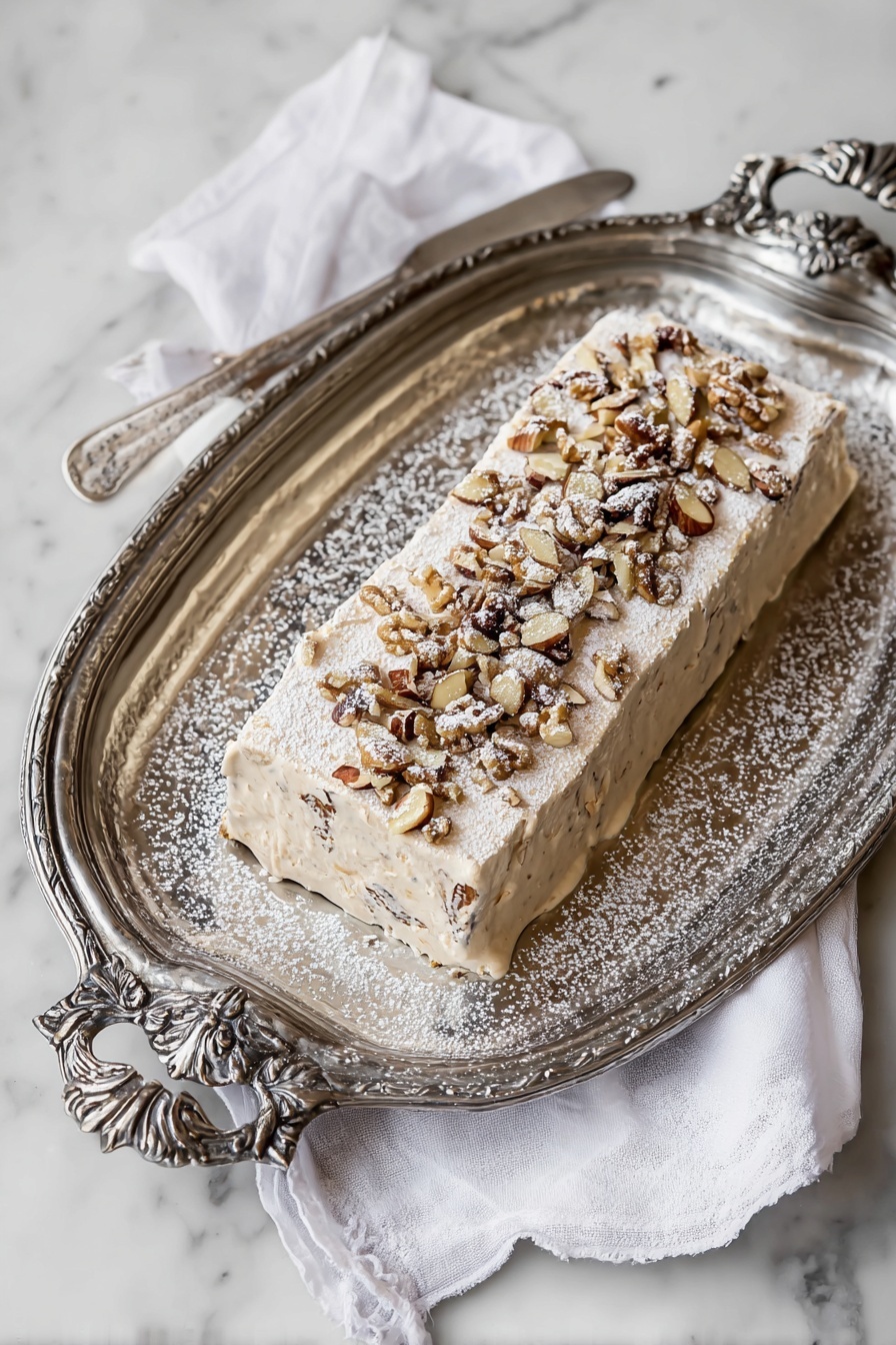 A rectangular cream-colored dessert sits on an ornate silver tray with floral patterns and two handles. The dessert has one visible layer covered with chopped nuts and raisins on top, lightly dusted with powdered sugar that also sprinkles the tray and nearby white cloth. The dessert looks smooth and creamy with a light tan color beneath the topping. The tray, cloth, and dessert are placed on a white marbled surface. Photo taken with an iphone --ar 2:3 --v 7
