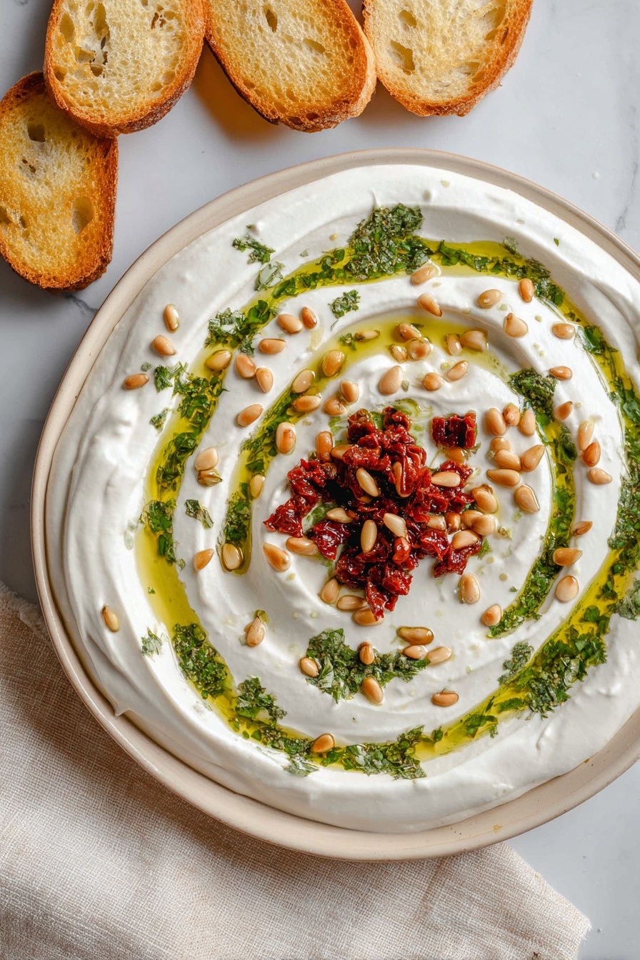 A close-up of a woman's hand holding a small toasted bread slice topped with a thick layer of white creamy spread mixed with some green sauce and pine nuts. In the background, a white plate with three visible layers: the bottom layer is smooth white cream, followed by swirls of bright green sauce, and topped with sprinkled crispy golden brown pine nuts, all placed on a white marbled surface. The textures contrast between the creamy spread, crunchy nuts, and crisp bread, creating an inviting look. Photo taken with an iphone --ar 2:3 --v 7