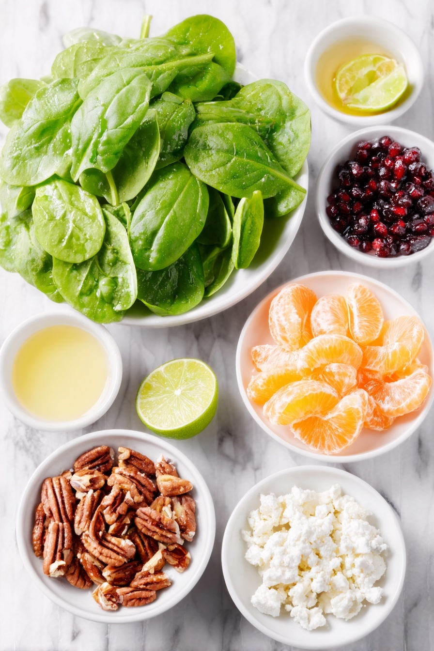 Flat lay of fresh baby spinach leaves, toasted pecan halves and finely chopped pecans scattered beside them, dried cranberries in a small white ceramic bowl, peeled and segmented mandarin oranges arranged neatly, crumbled goat cheese in a separate small white bowl, bright pomegranate arils in another small white bowl, a small white bowl of extra virgin olive oil, a small white bowl of Dijon mustard, a small white bowl of honey, a whole lime cut in half showing juicy interior, and two whole uncracked brown eggs, all placed on a clean white marble surface, soft natural light, photo taken with an iPhone, professional food photography style, fresh ingredients, white ceramic bowls, no bottles, no duplicates, no utensils, no packaging --ar 2:3 --v 7 --p m7354615311229779997