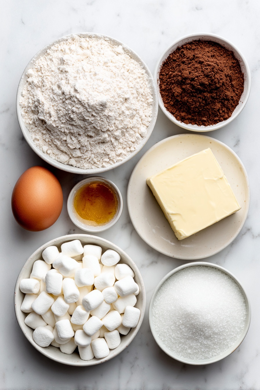 Flat lay of a small mound of all-purpose flour, a small white ceramic bowl of Dutch process cocoa powder, a small white ceramic bowl of chocolate cocoa mix powder, a few teaspoons of baking soda and salt artfully arranged on a white ceramic dish, a solid piece of browned butter at room temperature, a solid piece of soft coconut oil, two small piles of granulated sugar and light brown sugar, one large whole brown egg, a small white ceramic bowl of golden honey, a handful of mini white marshmallows spread neatly, and a small white ceramic bowl filled with granulated sugar for rolling, all placed on a clean white marble surface, soft natural light, photo taken with an iPhone, professional food photography style, fresh ingredients, white ceramic bowls, no bottles, no duplicates, no utensils, no packaging --ar 2:3 --v 7 --p m7354615311229779997