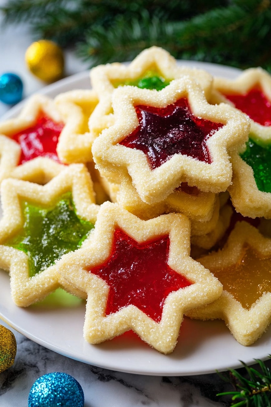 A white plate full of star-shaped cookies with two layers: a light yellow baked cookie outer layer with a sparkling sugar texture on top, and a translucent colored center in star shapes, showing red, green, amber, and yellow colors. The cookies are stacked closely on a white marbled surface with some green pine branches and small shiny blue and yellow decorations around. The image has a warm and festive look. photo taken with an iphone --ar 2:3 --v 7