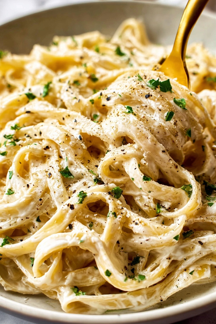 A close-up view of creamy fettuccine pasta piled in a white bowl on a white marbled surface, with thick, smooth sauce coating each strand giving a rich, shiny texture. The noodles have a light beige color, mixed with small green parsley leaves scattered evenly on top and black pepper sprinkled all over, adding spots of dark contrast. Part of a golden spoon is visible at the back corner, slightly lifting some pasta. The scene is bright with natural lighting, showing a soft, inviting look. photo taken with an iphone --ar 2:3 --v 7