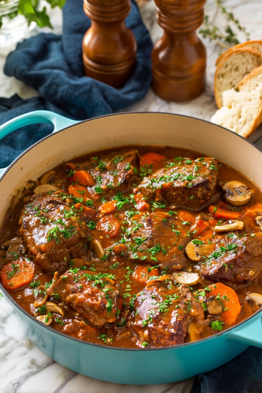 A light blue pot filled with a rich brown stew that has seven pieces of cooked meat layered evenly inside. The stew contains slices of orange carrots, brown mushrooms, and small pieces of bacon, all covered in thick gravy. Bright green parsley is sprinkled on top of the meat and vegetables, adding a fresh contrast. Around the pot, there are pieces of bread and a dark blue cloth on a white marbled surface, with two wooden pepper and salt grinders blurred in the background. photo taken with an iphone --ar 2:3 --v 7