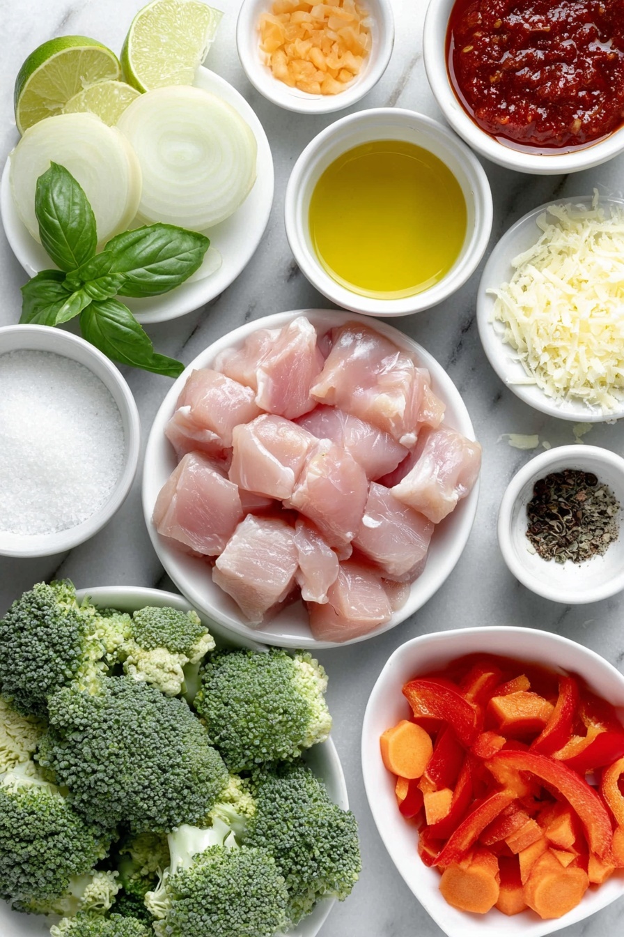 Flat lay of a small white ceramic bowl of light olive oil, thinly sliced raw chicken thighs arranged neatly, half a large yellow onion chopped, a small white bowl filled with red curry paste, a red bell pepper cut into 1-inch chunks, a white ceramic plate with thinly sliced carrot rounds, a small pile of fresh broccoli florets, a small white bowl with freshly grated ginger, four whole garlic cloves unpeeled, a small white bowl with creamy coconut milk, a small white bowl with cornstarch powder, a small white bowl with Thai sweet chili sauce, a small white bowl with soy sauce, a small white bowl of fish sauce, a small white bowl with lime juice, a small heap of brown sugar, a single fresh bay leaf, a small mound of dried basil, a few whole black peppercorns and white salt crystals scattered symmetrically, a small white bowl holding sriracha sauce, fresh lime halves with zest, fresh basil leaves, fresh cilantro sprigs all placed on a clean white marble surface, soft natural light, photo taken with an iPhone, professional food photography style, fresh ingredients, white ceramic bowls, no bottles, no duplicates, no utensils, no packaging --ar 2:3 --v 7 --p m7354615311229779997