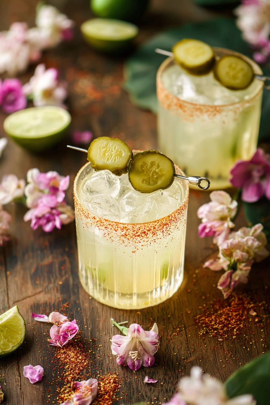 Two clear glasses of pale yellow drink sit on a dark wooden table with ice cubes inside. Each glass has a rim covered in reddish spice and is topped with two small green pickles pierced with a silver skewer resting across the rim. Around the drinks are scattered pink and white flowers, green leaves, lime wedges, and reddish spice powder spread on the table. The background is softly blurred showing similar flowers and leaves. photo taken with an iphone --ar 2:3 --v 7