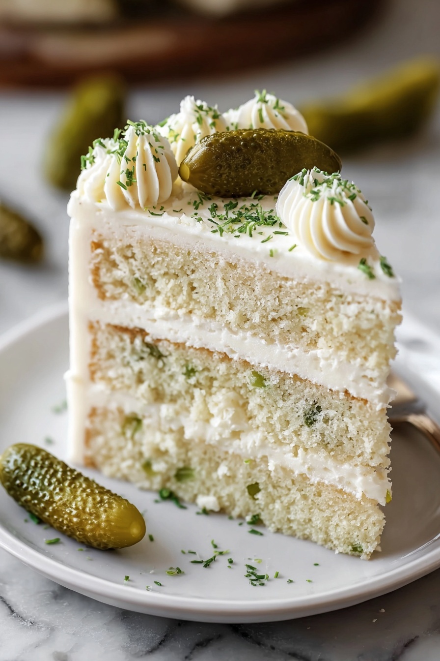 The image shows a three-layer white cake slice on a white plate, each layer separated by creamy white frosting that looks smooth and thick. The cake itself is light in color with small green pieces inside, which might be bits of pickle. The top layer is covered with more white frosting, decorated with small swirls and sprinkled with finely chopped green herbs. On top of the cake sits a whole small green pickle, adding a bright contrast to the creamy texture below. The background is a white marbled surface with some blurred pickles behind the cake. photo taken with an iphone --ar 2:3 --v 7
