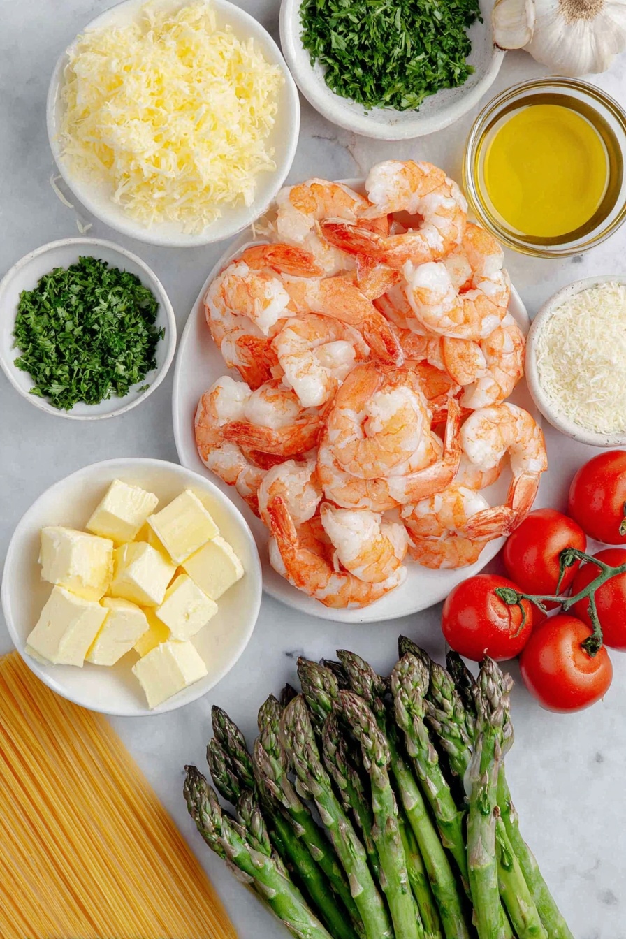 Flat lay of fresh medium uncooked shrimp with tails on, bright green asparagus stalks chopped into 1-inch pieces, a small cluster of vibrant red cherry tomatoes, a few whole garlic cloves, two whole uncracked brown eggs, a small white bowl of golden olive oil, a small white bowl of cubed pale yellow butter, a small white bowl of freshly squeezed lemon juice, a handful of bright green chopped fresh parsley, a small mound of finely grated Parmesan cheese, and a neat bundle of uncooked linguine pasta placed alongside, all arranged symmetrically on simple white ceramic plates and bowls, placed on a clean white marble surface, soft natural light, photo taken with an iPhone, professional food photography style, fresh ingredients, white ceramic bowls, no bottles, no duplicates, no utensils, no packaging --ar 2:3 --v 7 --p m7354615311229779997
