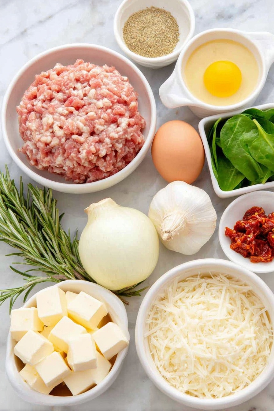 Flat lay of a mound of fresh ground chicken, a small mound of Italian seasoning herbs, a small white ceramic bowl of dijon mustard, a small white ceramic bowl filled with grated parmesan cheese, a whole uncracked brown egg, a quartered fresh white onion, a whole head of garlic with the top trimmed off showing cloves, a small white ceramic bowl of dry white wine, several cubes of salted butter arranged neatly, a fresh sprig of rosemary, a small pile of dry orzo pasta, a handful of fresh baby spinach leaves, a small white ceramic bowl with chopped sun-dried tomatoes, a small white ceramic bowl of heavy cream, all ingredients fresh and natural, no packaging or labels, arranged symmetrically on a clean white marble surface, soft natural light, photo taken with an iPhone, professional food photography style, fresh ingredients, white ceramic bowls, no bottles, no duplicates, no utensils, no packaging --ar 2:3 --v 7 --p m7354615311229779997