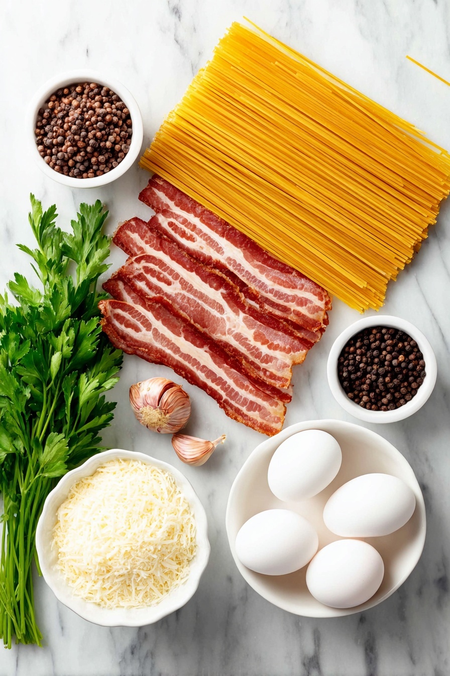 Flat lay of crispy strips of fresh uncooked bacon, two whole uncracked brown garlic cloves, a nest of uncooked spaghetti, three large whole white eggs with clean shells, a small white ceramic bowl filled with finely grated Parmesan cheese, a small white bowl of freshly cracked black peppercorns, a small white bowl of coarse sea salt, and a small bunch of vibrant fresh parsley leaves, all arranged in perfect symmetry on a clean white marble surface, soft natural light, photo taken with an iPhone, professional food photography style, fresh ingredients, white ceramic bowls, no bottles, no duplicates, no utensils, no packaging --ar 2:3 --v 7 --p m7354615311229779997