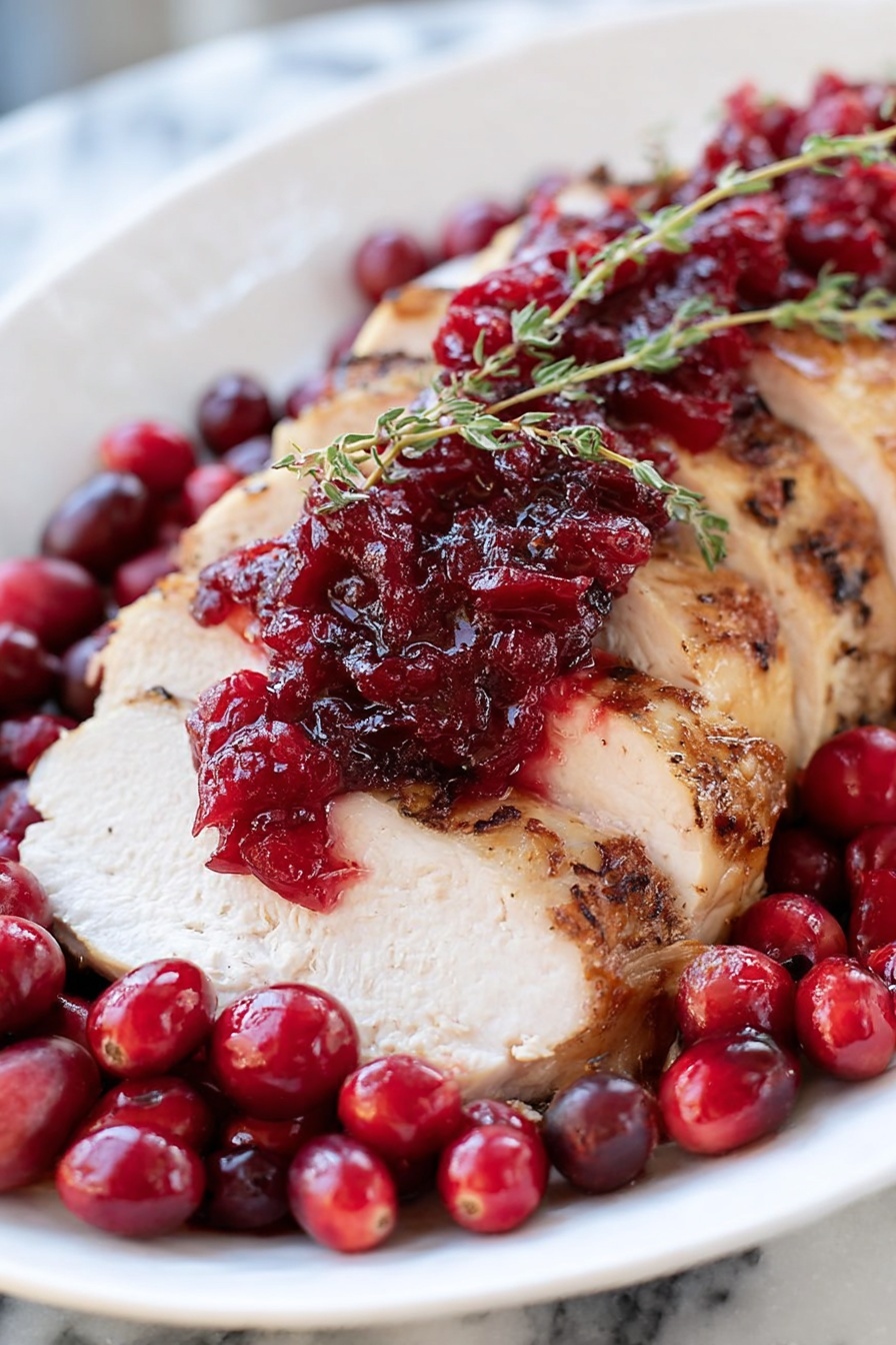 A white plate holds several layers of sliced cooked meat with a browned, slightly charred crust, arranged neatly in the middle. On top and between the meat layers is a thick, chunky dark red sauce made from cooked cranberries. Around the meat on the plate are whole fresh cranberries and sprigs of green herbs, adding bright pops of red and green. In the background, there is a white bowl filled with more of the red cranberry sauce, all set on a white marbled surface with a white cloth that has red stripes. Photo taken with an iphone --ar 2:3 --v 7