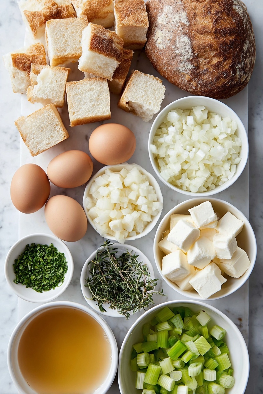 Flat lay of a mix of fresh sourdough and Italian bread cubes, a small white ceramic bowl of unsalted butter chunks, a small white ceramic bowl of diced sweet onion, a small white ceramic bowl of diced celery, six peeled garlic cloves, two whole brown eggs with clean shells, a small white ceramic bowl of chopped fresh sage, a small white ceramic bowl of chopped fresh parsley, a small white ceramic bowl of chopped fresh rosemary, a small white ceramic bowl of golden chicken stock, and a small white ceramic bowl with a scattering of fresh herb sprigs, all arranged in perfect symmetry on a clean white marble surface, soft natural light, photo taken with an iPhone, professional food photography style, fresh ingredients, white ceramic bowls, no bottles, no duplicates, no utensils, no packaging --ar 2:3 --v 7 --p m7354615311229779997