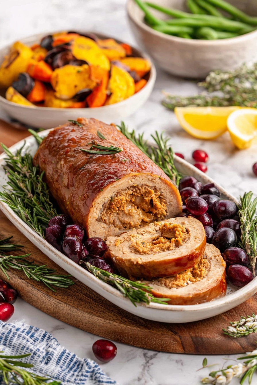 A white plate holds two thick slices of roasted stuffing roll with a browned outer crust and a textured inner filling of bread and vegetables. Behind the slices are bright yellow potato wedges and orange carrot sticks, both roasted and speckled with seasoning. To the right on the plate, there is a small pile of green edamame pods. A golden spoon is pouring smooth, light brown gravy over the two slices, making it shine and drip onto the plate. A sprig of fresh rosemary lies beside the stuffing roll. The scene is set on a white marbled surface with a white bowl of edamame and a wooden board holding grapes and cherries in the background. A striped cloth napkin and golden cutlery rest beside the plate. Photo taken with an iphone --ar 2:3 --v 7