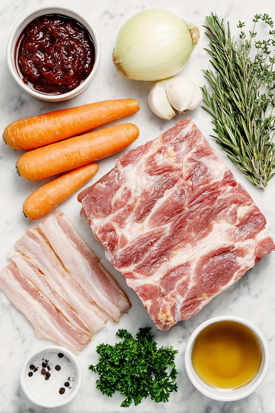 Flat lay of thick raw beef short ribs with marbling, several uncooked pale pink bacon slices stacked neatly, two medium yellow onions halved and quartered, three whole fresh orange carrots with green tops trimmed, six whole unpeeled garlic cloves, a small white bowl of deep red tomato paste, a small white bowl filled with dark red red wine, a small white bowl of rich brown beef broth, two fresh green thyme sprigs, two fresh green rosemary sprigs, a small pile of finely chopped bright green parsley, a small white bowl of coarse kosher salt crystals, a small white bowl of freshly cracked black peppercorns placed on a clean white marble surface, soft natural light, photo taken with an iPhone, professional food photography style, fresh ingredients, white ceramic bowls, no bottles, no duplicates, no utensils, no packaging --ar 2:3 --v 7 --p m7354615311229779997