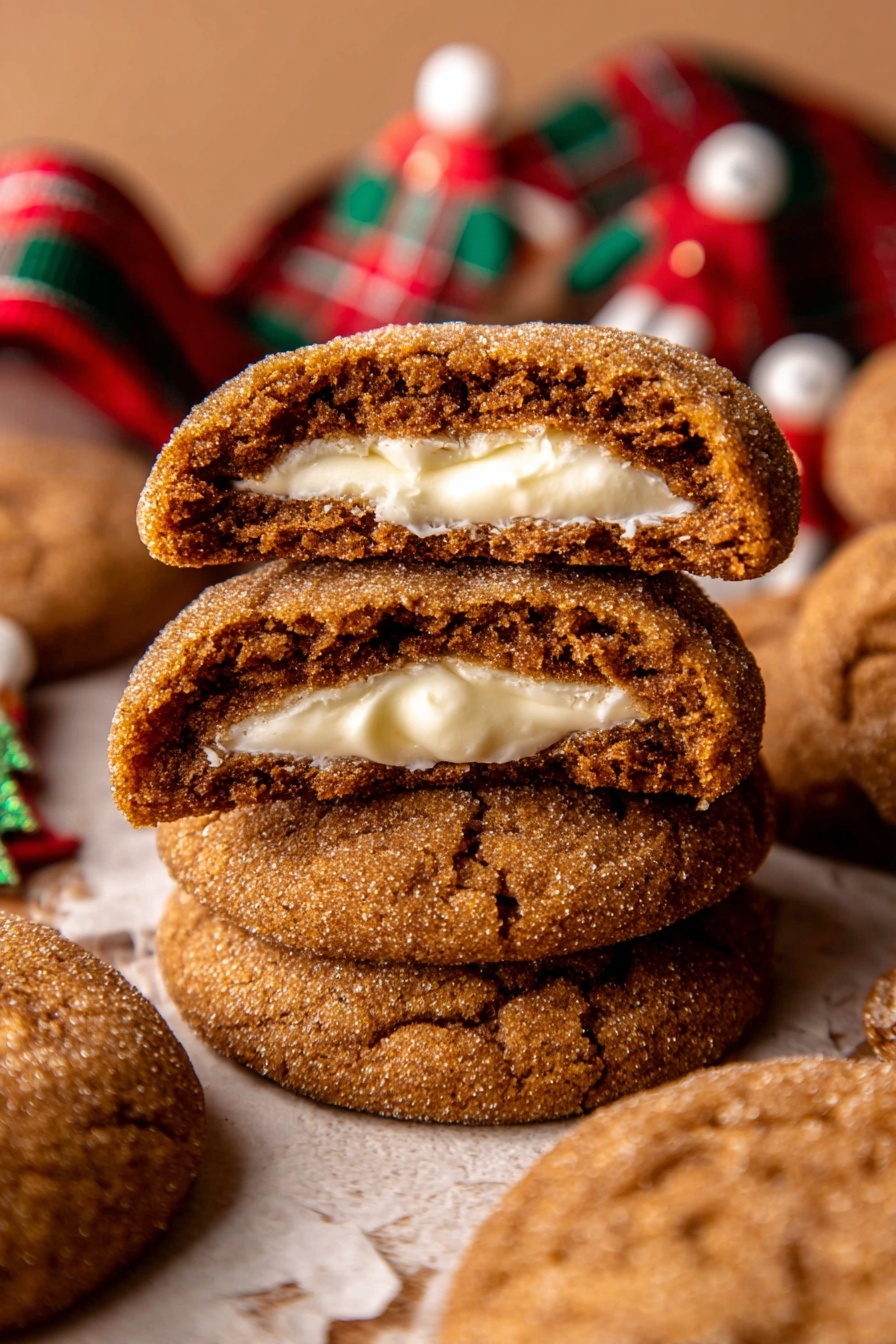 The image shows a stack of four soft ginger cookies, each broken in half to reveal a creamy white filling inside. The cookies are thick with a slightly cracked surface and a warm brown color, with a soft and chewy texture around the creamy center. The stack is placed on a light brown surface with white marbled texture, surrounded by whole cookies and festive decorations including a red and green plaid ribbon and small gingerbread figures in the blurred background. Photo taken with an iphone --ar 2:3 --v 7