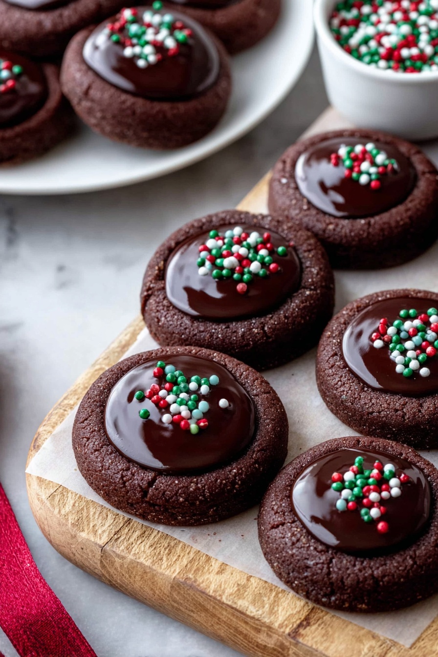 The image shows several round dark chocolate cookies arranged on a white wooden serving board with a light wood grain. Each cookie has two layers: the base layer is a thick, soft-looking dark brown chocolate cookie with a slightly rough texture around the edges, and the center layer is a glossy dark chocolate ganache filling that is smooth and shiny. On top of the ganache, there are small round sprinkles in red, green, white, and light blue colors scattered evenly. A white plate with more cookies is partly visible on the left, resting on a white marbled surface, and a small bowl filled with the same colored sprinkles sits in the top right corner. A deep red ribbon is faintly visible on the lower left corner. photo taken with an iphone --ar 2:3 --v 7