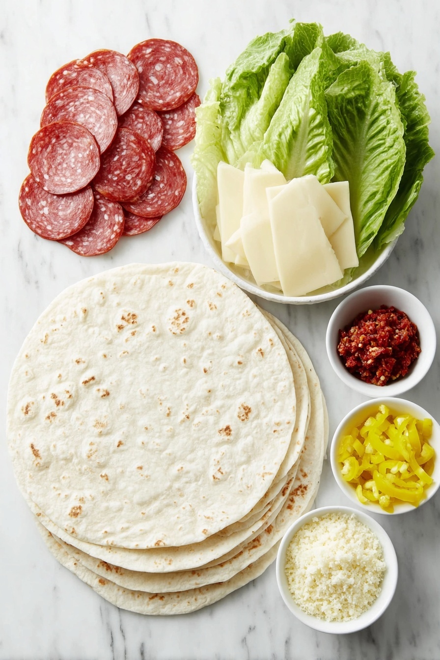 Flat lay of a stack of three large, soft flour tortillas, thin slices of glossy red Genoa salami arranged neatly, a small pile of round pepperoni slices with a shiny, slightly oily surface, nine slices of pale yellow provolone cheese laid flat, fresh crisp romaine lettuce leaves with bright green color and ribbed texture, a small white ceramic bowl filled with creamy, off-white cream cheese, another small white bowl holding golden Italian bread crumbs, a third small white bowl with finely grated pale parmesan cheese, a small white bowl containing finely chopped roasted red peppers with vibrant deep red tones, and a final small white bowl of finely chopped bright yellow banana peppers, all arranged symmetrically and balanced, placed on a clean white marble surface, soft natural light, photo taken with an iPhone, professional food photography style, fresh ingredients, white ceramic bowls, no bottles, no duplicates, no utensils, no packaging --ar 2:3 --v 7 --p m7354615311229779997