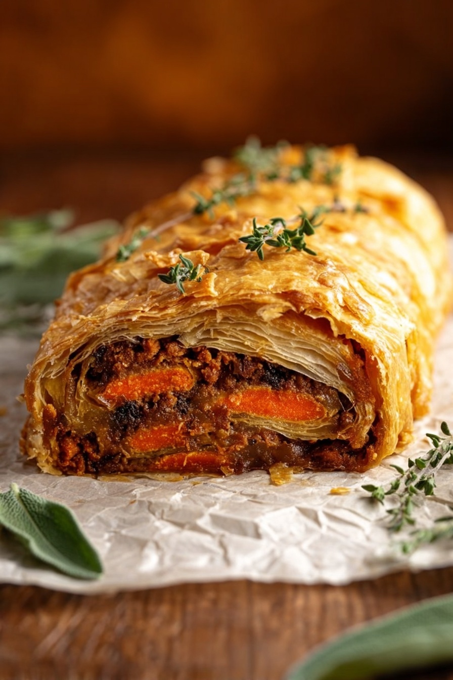 A sliced pastry roll sits on crinkled parchment paper over a white marbled surface, showing its inside layers. The outer layer is golden brown, flaky, and crispy pastry. Inside, there are several layers of rich brown filling mixed with visible herbs and soft orange thin slices that look like carrots. The roll is topped with small sprigs of green herbs. Some green sage leaves are placed near the roll on the white marbled surface. The background has a warm brown wooden texture. photo taken with an iphone --ar 2:3 --v 7