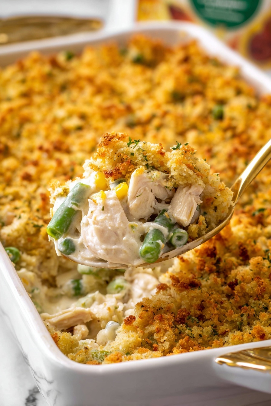 A close-up of a white baking dish showing a creamy casserole with three main layers: a top layer of golden brown, crispy breadcrumb topping mixed with herbs and small green bits; a thick middle layer of creamy white sauce with visible chunks of white chicken pieces and scattered green beans, peas, and corn kernels; and a bottom layer mostly hidden but visible through gaps, showing the white creamy sauce base. A gold spoon scoops into the dish, lifting a portion that reveals the creamy and textured interior. The background is a white marbled surface with a blurred food package in the back. Photo taken with an iphone --ar 2:3 --v 7