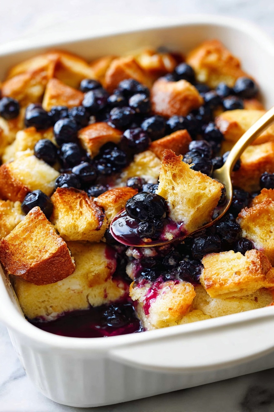 This image shows a white baking dish filled with a layered bread pudding with blueberries. The bottom and middle layers are made of golden-brown toasted bread cubes that have a soft, moist texture. Scattered evenly between and on top of the bread cubes are fresh, deep blue blueberries adding a pop of color. The surface of the pudding looks slightly shiny and custardy, with the edges of the bread browned and crisp. A golden spoon is partially scooping out a serving, showing the layers and some of the blueberries inside. The background is a white marbled surface. photo taken with an iphone --ar 2:3 --v 7