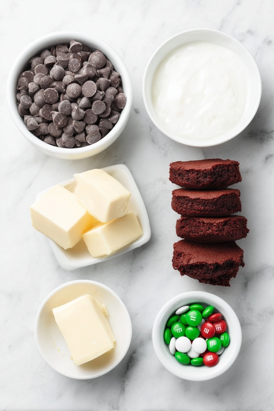 Flat lay of a small white ceramic bowl filled with smooth milk chocolate chips, a few fresh whole red velvet sandwich cookies stacked beside it, a small white bowl containing colorful mint M&Ms, a small white bowl holding a few cubes of pale yellow butter, and a handful of roughly broken red velvet cookie pieces scattered neatly, all arranged with perfect symmetry on a clean white marble surface, soft natural light, photo taken with an iPhone, professional food photography style, fresh ingredients, white ceramic bowls, no bottles, no duplicates, no utensils, no packaging --ar 2:3 --v 7 --p m7354615311229779997