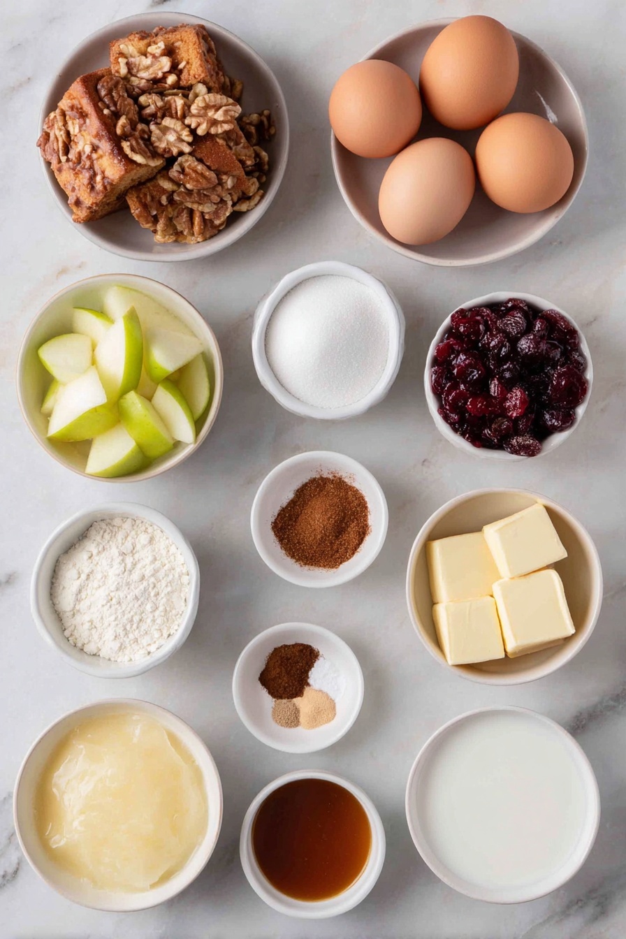 Flat lay of a small stack of brioche bread cubes, three peeled and quarter-inch chopped green Granny Smith apples, a handful of chopped walnuts, a small pile of dried cranberries, five whole uncracked brown eggs and one whole uncracked white egg, a small white ceramic bowl of smooth applesauce, a small white ceramic bowl of granulated sugar, a small white ceramic bowl of packed brown sugar, a small white ceramic bowl of milk, a small white ceramic bowl of heavy cream, a small white ceramic bowl of ground cinnamon, three tiny white ceramic bowls containing ground nutmeg, ground ginger, and a spice blend of ground cloves and cardamom, a small white ceramic bowl of salt, two small pats of Danish Creamery butter cubes, and another small white ceramic bowl holding caramel sauce—all arranged with perfect symmetry and fresh, natural textures, placed on a clean white marble surface, soft natural light, photo taken with an iPhone, professional food photography style, fresh ingredients, white ceramic bowls, no bottles, no duplicates, no utensils, no packaging --ar 2:3 --v 7 --p m7354615311229779997