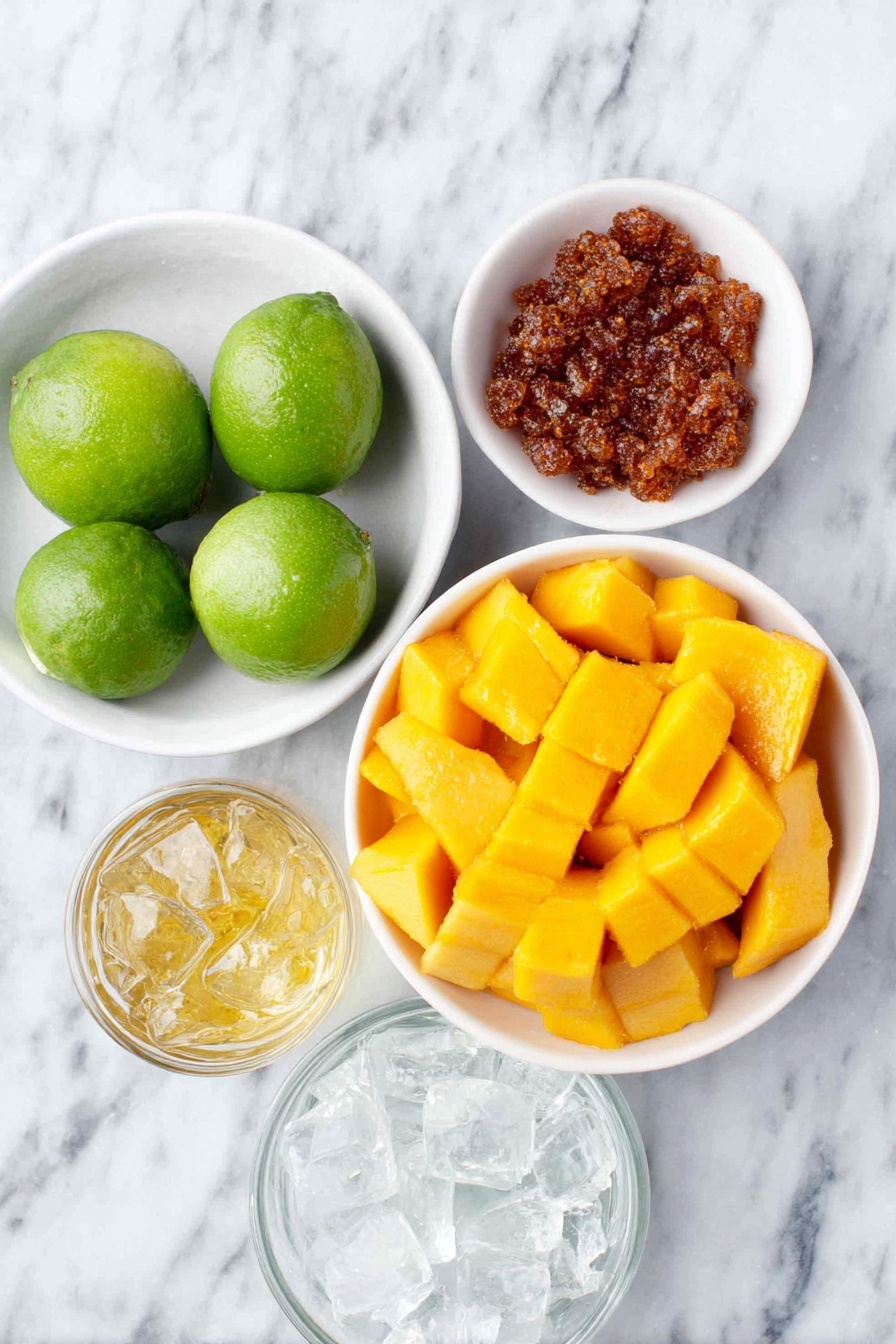 Flat lay of frozen bright orange mango chunks, whole fresh green limes, a small white bowl of freshly squeezed lime juice, a small white bowl of golden guava jelly, a small white bowl of clear ice cubes, a small white bowl of clear blanco tequila, and a small white ceramic plate with reddish-brown Tajín seasoning arranged neatly, all placed on a clean white marble surface, soft natural light, photo taken with an iPhone, professional food photography style, fresh ingredients, white ceramic bowls, no bottles, no duplicates, no utensils, no packaging --ar 2:3 --v 7 --p m7354615311229779997