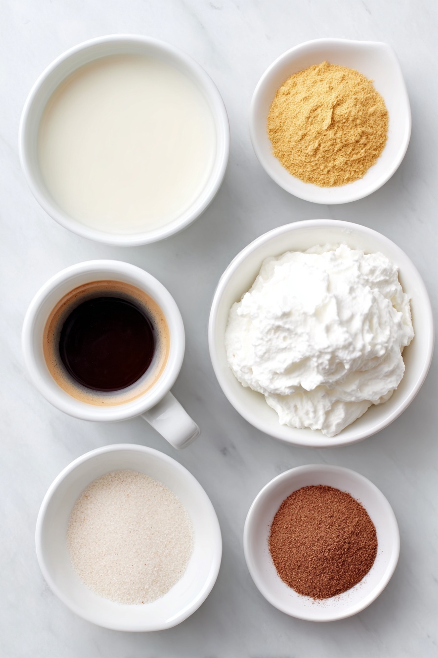 Flat lay of a small white bowl filled with unsweetened almond milk, two white ceramic espresso cups with dark espresso shots, a small white bowl containing ground ginger, a small white bowl with ground cinnamon, a small white bowl of ground nutmeg, a small white bowl of ground allspice, a small white bowl with granulated sugar, and a dollop of fresh whipped cream on a simple white ceramic plate, all arranged symmetrically and balanced, placed on a clean white marble surface, soft natural light, photo taken with an iPhone, professional food photography style, fresh ingredients, white ceramic bowls, no bottles, no duplicates, no utensils, no packaging --ar 2:3 --v 7 --p m7354615311229779997