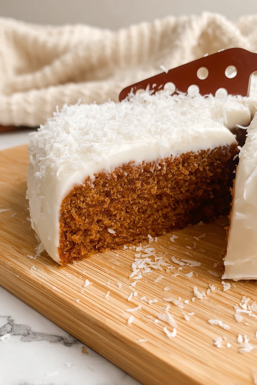 A close-up image of a single-layer brown cake with a moist and crumbly texture, topped with a thick layer of smooth white frosting that has a slightly creamy appearance. The frosting is sprinkled evenly with white shredded coconut, adding a fine, flaky texture on top. A brown cake server with round cutouts is partially inserted into the cake from the top right. The cake sits on a light wooden cutting board with crumbs around its base, and the background shows a soft beige cloth and a white marbled surface. Photo taken with an iphone --ar 2:3 --v 7