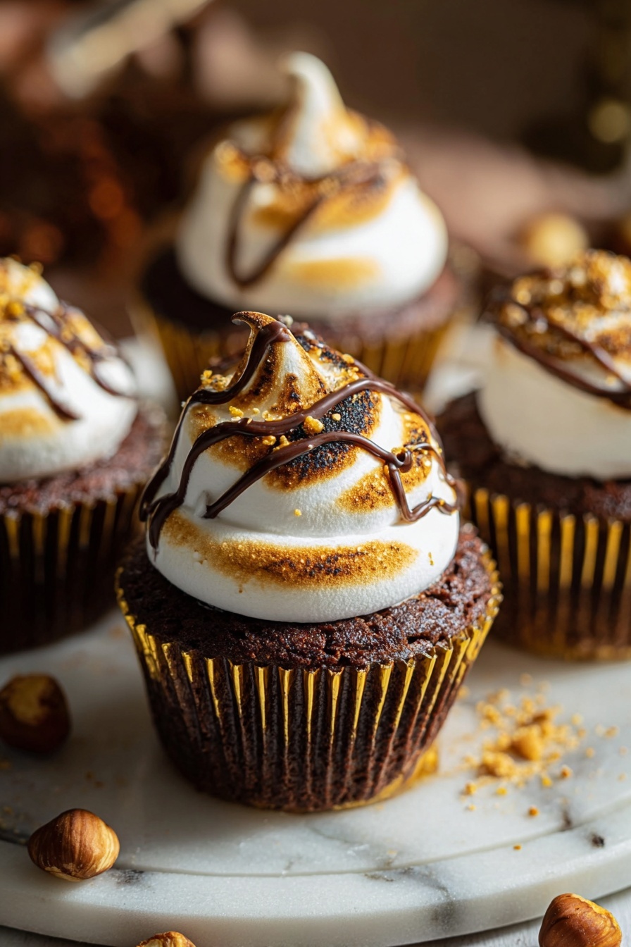 A close-up of a chocolate cupcake in a light brown paper liner with a thick swirl of toasted white meringue on top, showing golden brown char marks. A dark chocolate drizzle is artfully draped over the meringue peak. The cupcake sits on a gold plate with several whole toasted hazelnuts scattered around it and some crumbs lightly dusted on the plate. In the background, more cupcakes with the same topping can be seen slightly out of focus. The plate rests on a white marbled surface. photo taken with an iphone --ar 2:3 --v 7