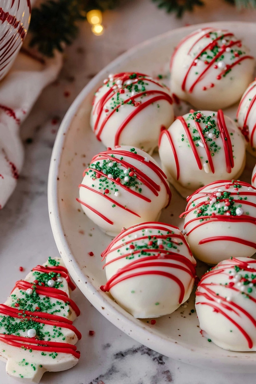 The image shows a white plate filled with round white treats, each topped with red stripes and green sprinkles. The treats have smooth, white coatings and are arranged closely together, with one treat shaped like a Christmas tree with red stripes and green sprinkles. The plate is on a white marbled surface, and there are soft warm lights and some greenery in the background. photo taken with an iphone --ar 2:3 --v 7