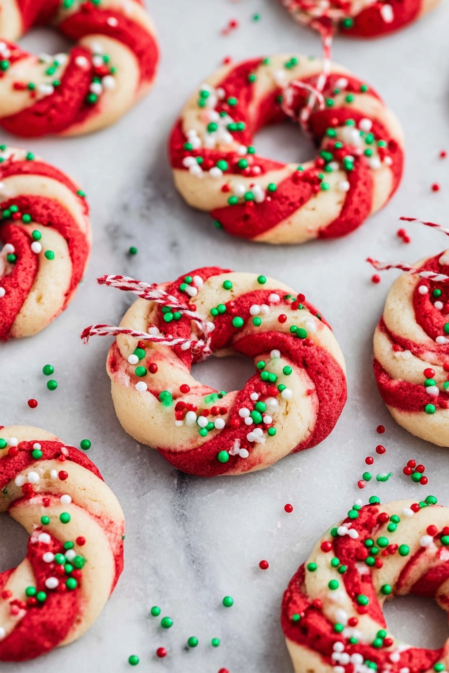 The image shows several round cookies with one swirl layer made from red and cream dough twisted together in a ring shape. The cookies have small green, red, and white round sprinkles scattered evenly over the surface. One cookie in the middle has a red and white twisted string looped through its center hole. The cookies are placed directly on a white marbled surface, spaced out with some sprinkles scattered around them. photo taken with an iphone --ar 2:3 --v 7