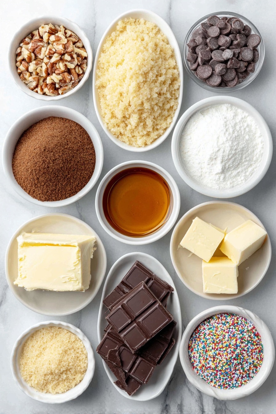 Flat lay of finely chopped pecans, a small white ceramic bowl of golden graham cracker crumbs, a small white ceramic bowl filled with rich brown sugar, a small white ceramic bowl holding amber maple syrup, a small white ceramic bowl with light golden karo syrup, a small white ceramic bowl containing melted salted butter, two small white ceramic bowls each with clear almond extract and rum extract, a simple mound of smooth dark chocolate melting discs, and a small white ceramic bowl of colorful holiday themed sprinkles, all arranged symmetrically on a clean white marble surface, soft natural light, photo taken with an iPhone, professional food photography style, fresh ingredients, white ceramic bowls, no bottles, no duplicates, no utensils, no packaging --ar 2:3 --v 7 --p m7354615311229779997