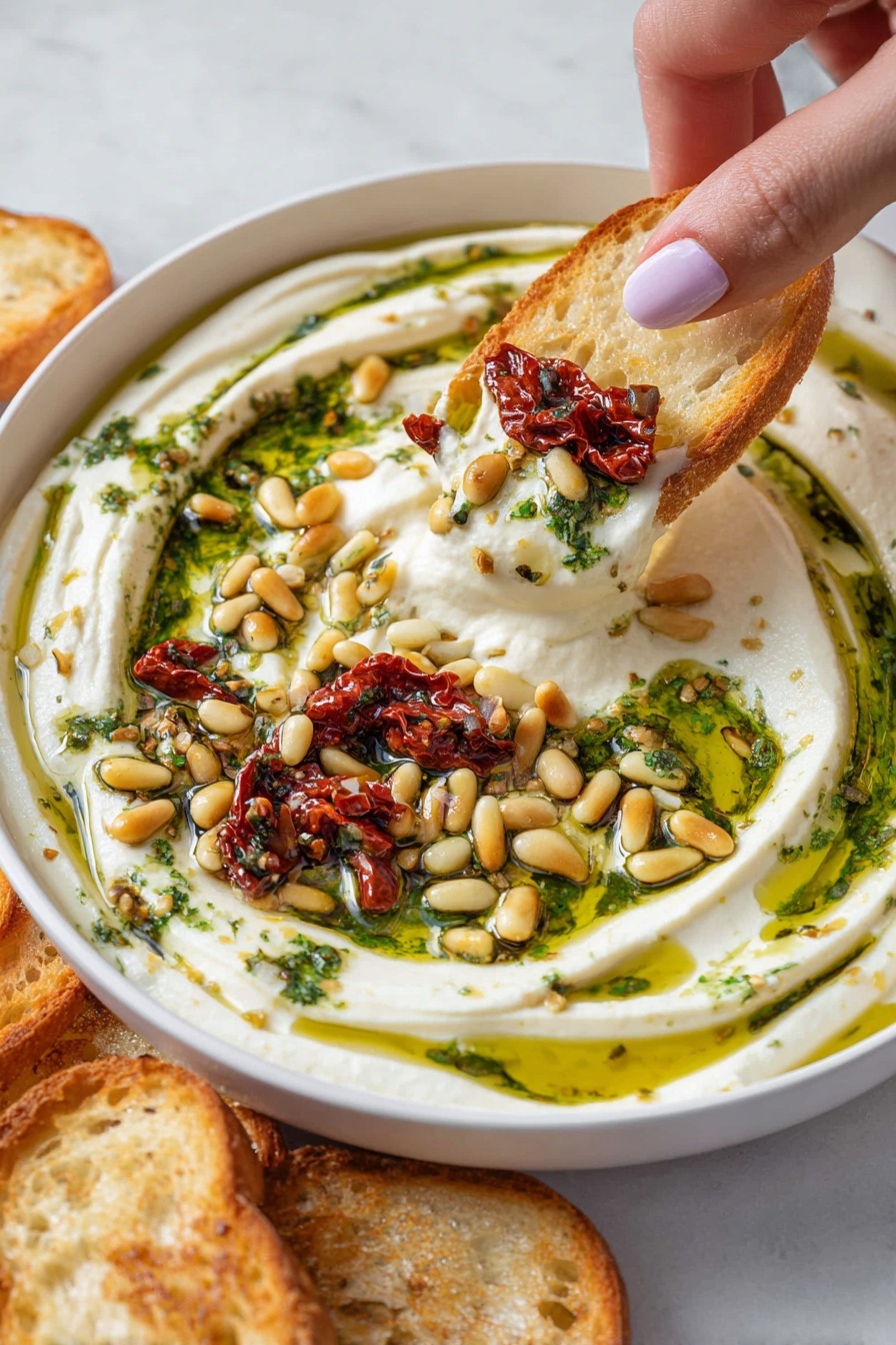 A white plate with a creamy white spread as the base layer, swirled smoothly in a circular pattern. On top of the cream, there are three concentric garnish rings: the outer ring has toasted pine nuts scattered evenly, the middle ring has herb green oil drizzled in thin lines, and the inner ring is a mix of chopped red sun-dried tomatoes and a few pine nuts clustered in the middle. The plate is placed on a white marbled surface with three golden toasted bread slices positioned at the top left corner, and a light beige cloth partially seen at the bottom left corner. Photo taken with an iphone --ar 2:3 --v 7
