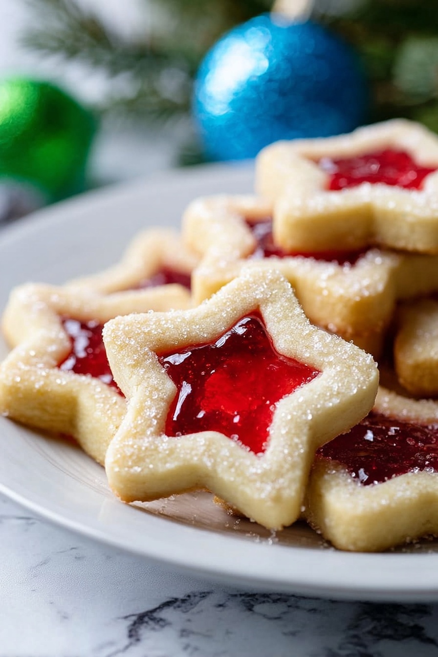 A close-up of star-shaped cookies on a white plate, each cookie having two layers: a light golden outer cookie layer with a shiny red jelly center that is translucent and smooth. The cookies have a light dusting of sugar on top, giving a slightly sparkling texture. The plate is set on a surface with a white marbled texture, and in the background, some greenery and a blue ornament are blurred out. photo taken with an iphone --ar 2:3 --v 7