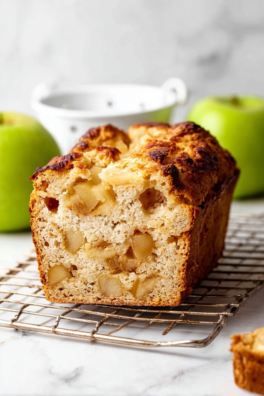 A thick slice of apple bread sits on a metal cooling rack, showing three layers: a dense light brown bread base, a middle layer with soft cooked apple chunks blending into the bread, and a top crust that is golden brown with some darker toasted stains and visible baked apple pieces inside. The bread texture is soft and airy with some small holes. Two green apples and a white colander are blurred in the background on a white marbled surface. The lighting is soft and natural, highlighting the bread’s texture and warm colors. Photo taken with an iphone --ar 2:3 --v 7