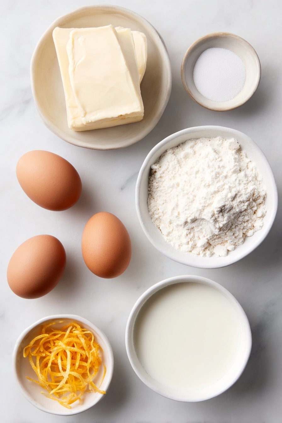 Flat lay of a small pile of bright fresh orange zest strands, two large brown eggs with clean shells, a small mound of fine granulated sugar, a small mound of powdered sugar, a half cup of softened golden salted butter shaped softly, a small white ceramic bowl filled with warm water, a small white ceramic bowl with steamy whole milk, a neat heap of pale all-purpose flour, and a small white ceramic bowl of freshly squeezed orange juice placed on a clean white marble surface, soft natural light, photo taken with an iPhone, professional food photography style, fresh ingredients, white ceramic bowls, no bottles, no duplicates, no utensils, no packaging --ar 2:3 --v 7 --p m7354615311229779997