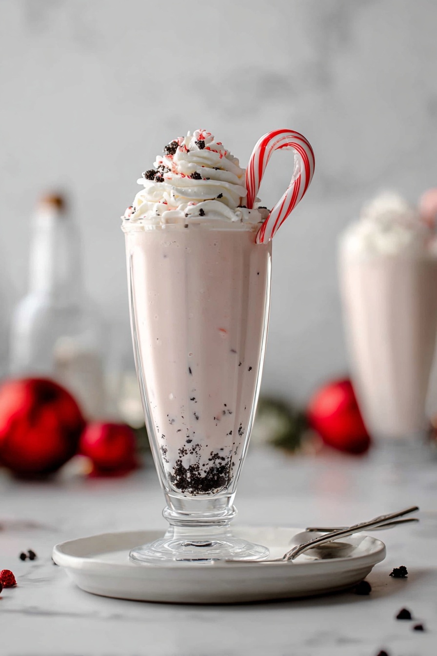 The image shows a tall glass filled with a creamy light pink milkshake that has small dark bits mixed inside. At the bottom, there is a layer of crushed dark chocolate or cookie crumbs. On top, there is a swirl of white whipped cream with small dark chocolate sprinkles. A red and white striped candy cane is hanging on the side of the glass. The glass is placed on a white plate with a small silver spoon. The background has a white marbled texture, with some red Christmas ornaments and a bottle blurred in the background. Photo taken with an iphone --ar 2:3 --v 7