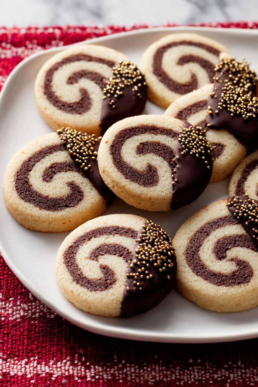 A white plate holds seven round swirl cookies. Each cookie has two visible layers: a light beige dough and a dark brown dough, twisted in a spiral pattern. Three cookies are half dipped in smooth dark chocolate and topped with small golden sprinkles. The plate is set on a red and white textured cloth, with a white marbled background. Photo taken with an iphone --ar 2:3 --v 7